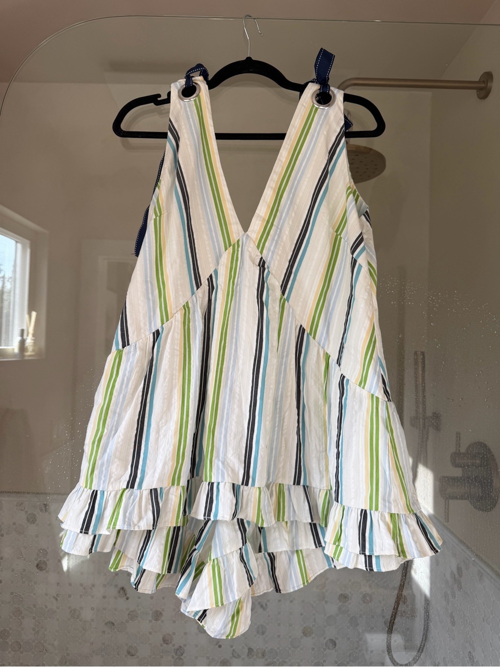 Anthropologie Striped Ruffle Romper - White with Blue & Green Stripes
